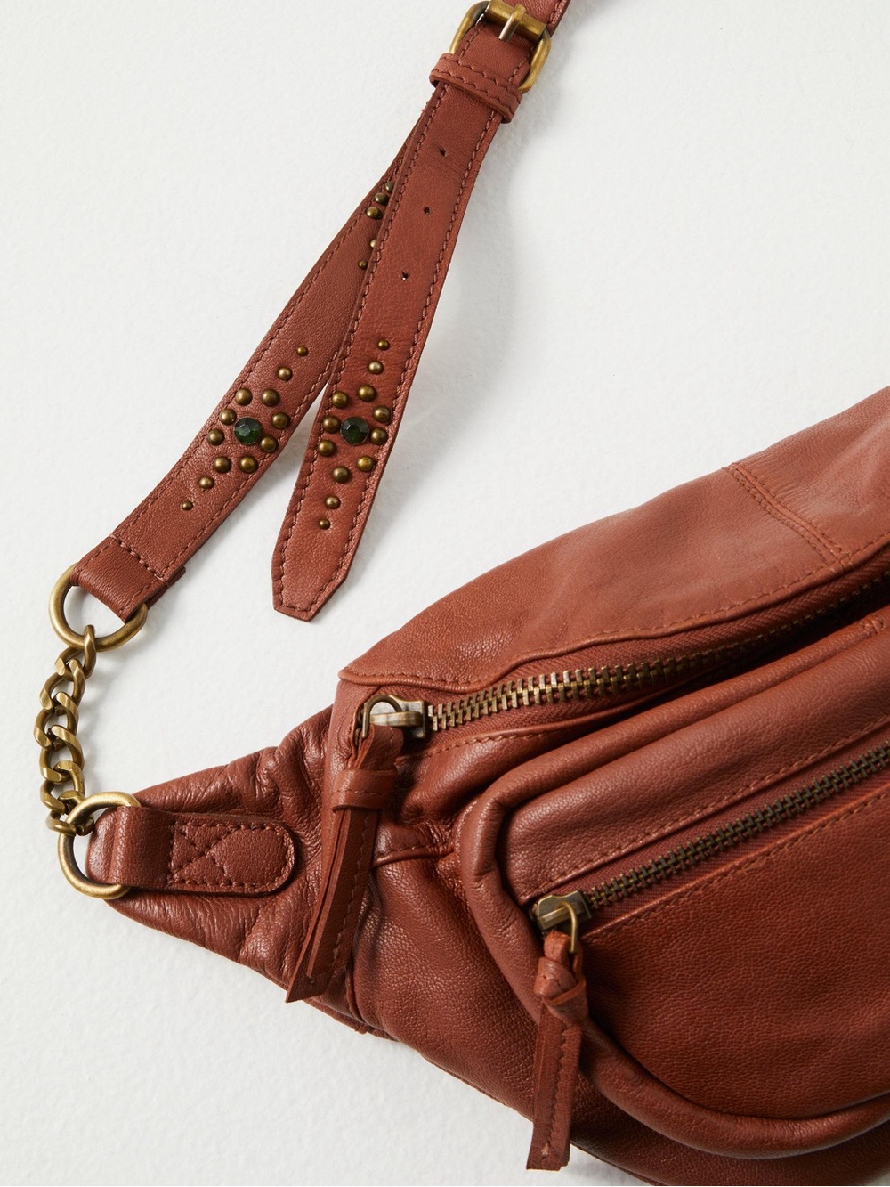 Free People Brown Leather Crossbody Waist Bag with Studded Strap